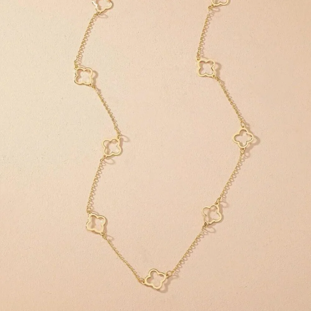 Four Leaf Clover Gold  Long  Necklace - Picture 4 of 6